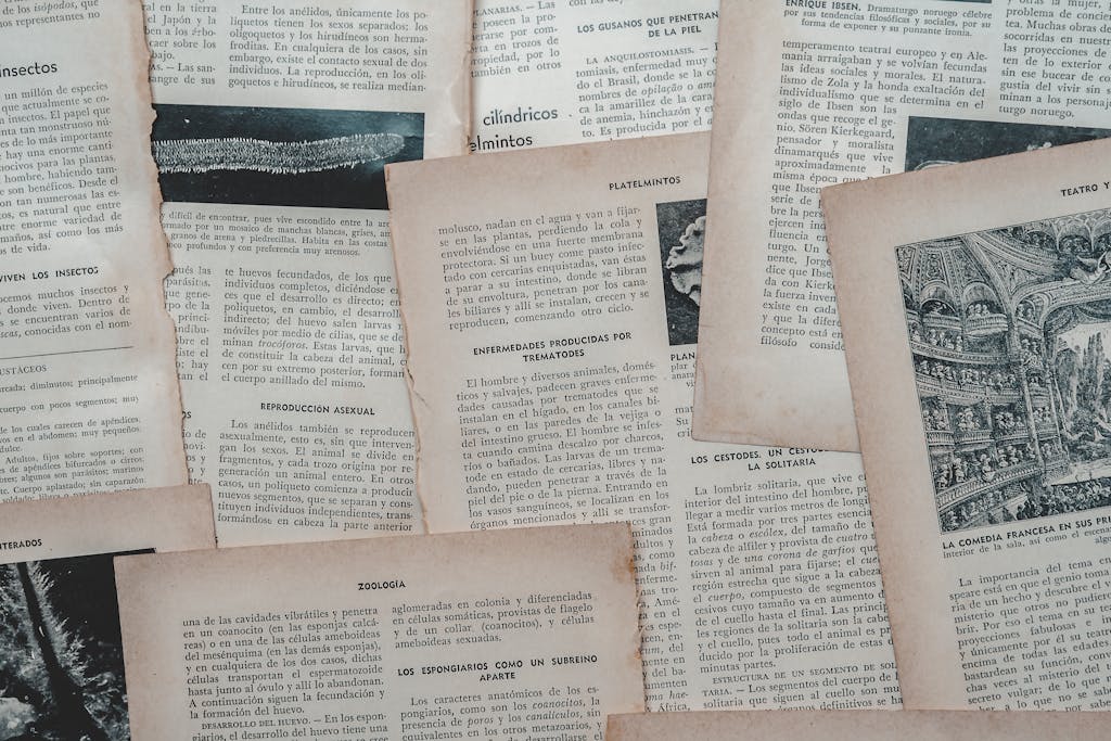 A collection of vintage Spanish book pages, showcasing classic literature and historical writings